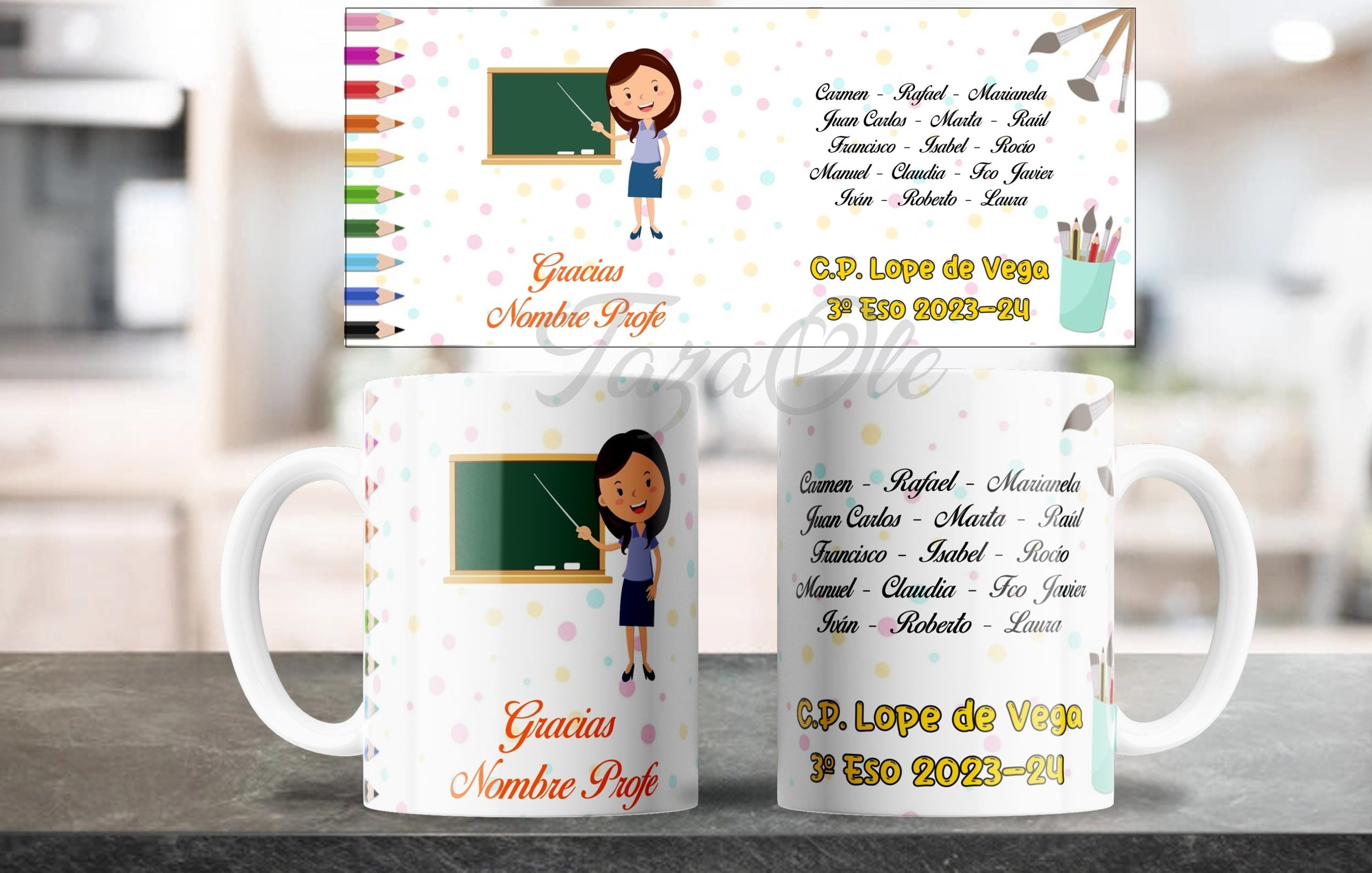 Taza para Profesora (Maestra) con nombres de alumnos y centro